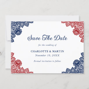 Save The Date Mariage de dentelle bleu et rouge