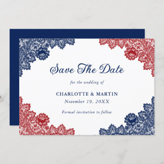 Save The Date Mariage de dentelle florale bleu et rouge rustique