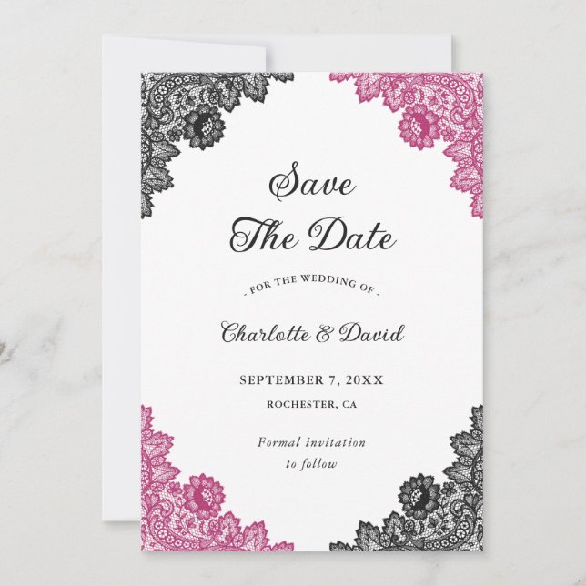 Save The Date Mariage de dentelle rose et noire chaud (Devant)