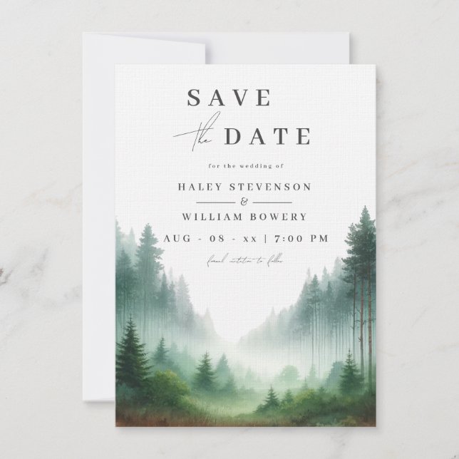 Save The Date Mariage de destination forêt verte aquarelle rusti (Devant)