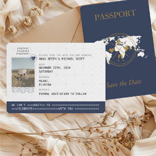 Save The Date Mariage de destination Photo de passeport en or bl