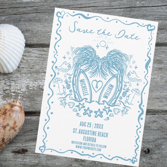 Save The Date Mariage de Doodle de Palm Beach à main lunaire (blue palm trees doodle beach wedding with names written on paddle surf boards)