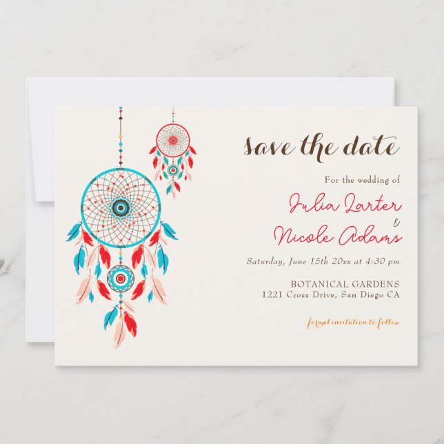 Save The Date Mariage de Dreamcatcher en plumes de la tribu Boho (Devant)