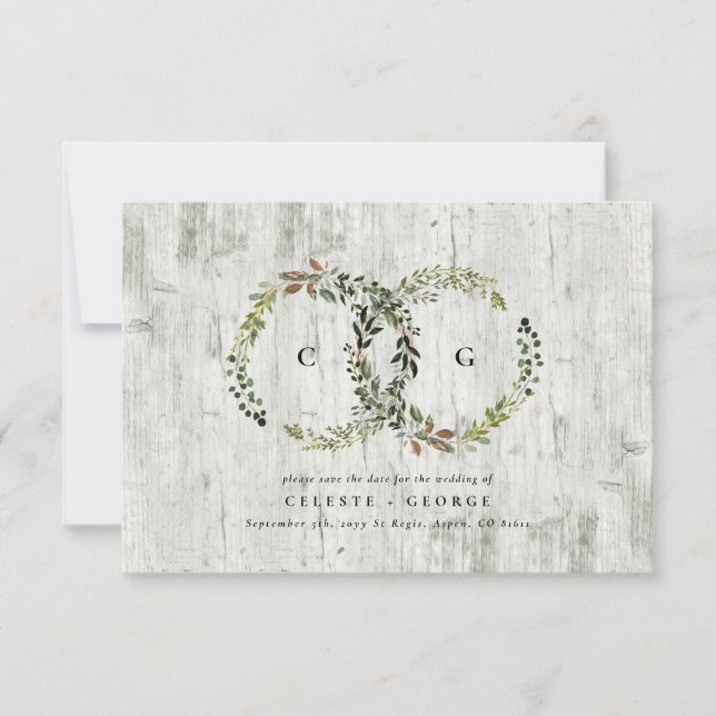 Save The Date Mariage de feuillage rustique en bois d'argent (Devant)