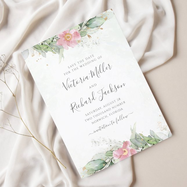 Save The Date Mariage de feuillage vert Eucalyptus rose (Créateur téléchargé)