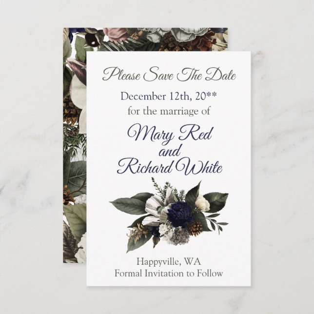Save The Date Mariage de Fleur de Conifère d'Hiver Navy Crème Pi (Devant / Derrière)