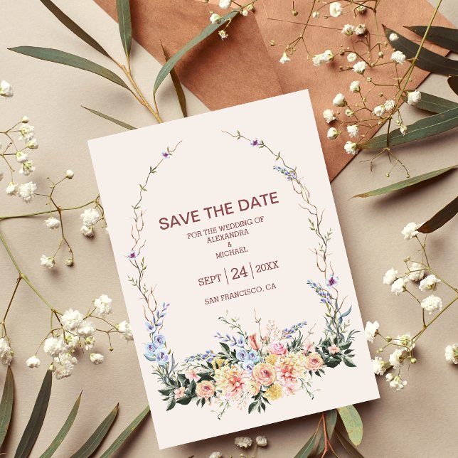 Save The Date Mariage de Fleur sauvage d'aquarelle neutre Boho (Créateur téléchargé)