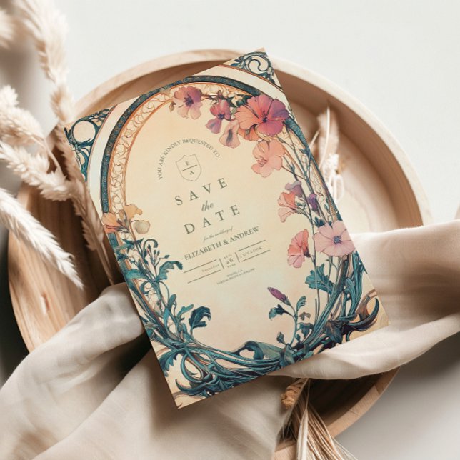 Save The Date Mariage de fleurs bleu rouille (Créateur téléchargé)