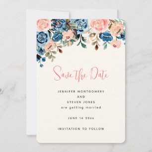 Save The Date Mariage de fleurs d'aquarelle rose et bleu