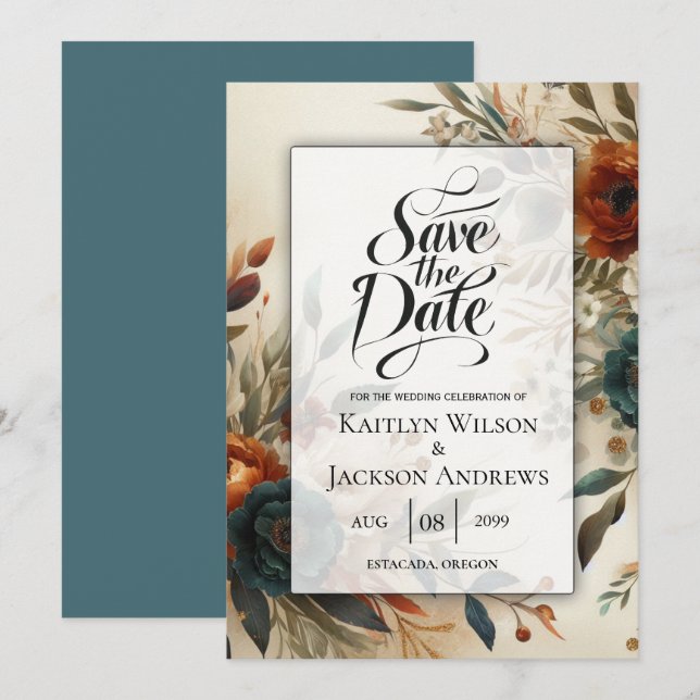 Save The Date Mariage de fleurs d'automne orange et bleu brûlés (Devant / Derrière)