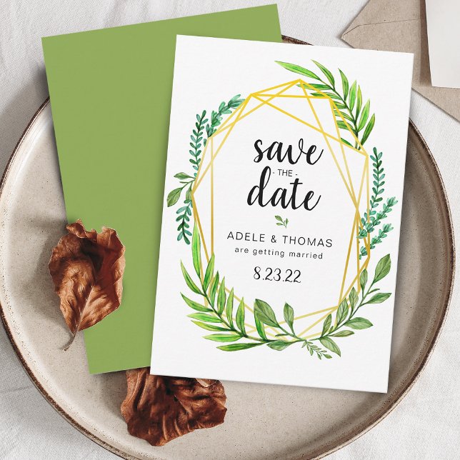 Save The Date Mariage de Foliage Géométrique Or Enregistrer la c (Gold Geometric Foliage Wedding Save the Date Card)