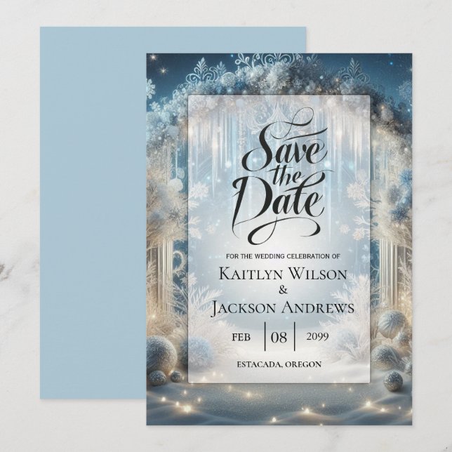 Save The Date Mariage de forêt de neige rayonnante (Devant / Derrière)