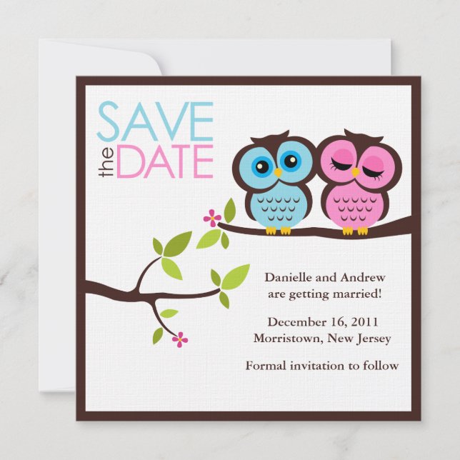 Save The Date Mariage de hibou bleu et rose (Devant)