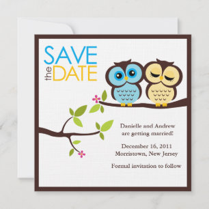 Save The Date Mariage de hiboux bleus et jaunes