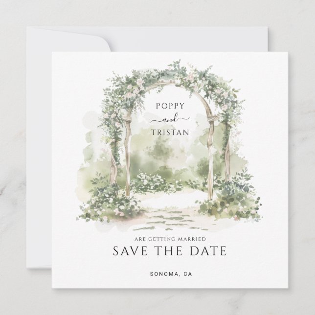 Save The Date Mariage de jardin élégant avec arche florale  (Devant)