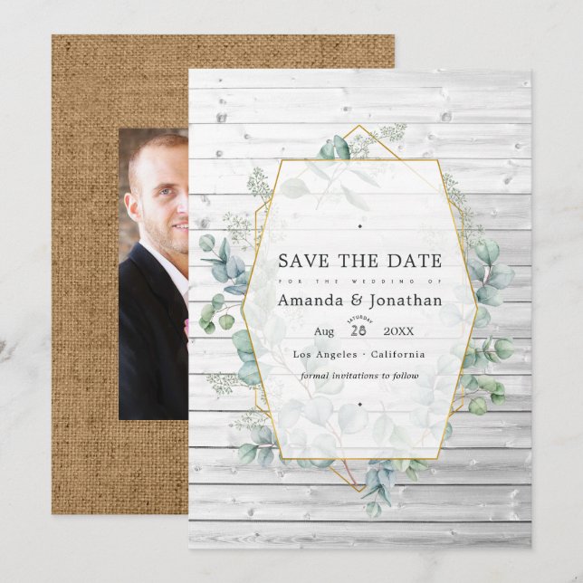 Save The Date Mariage de jardin eucalyptus géométrique rustique (Devant / Derrière)