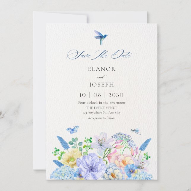 Save The Date Mariage de jardin floral bleu esthétique (Devant)