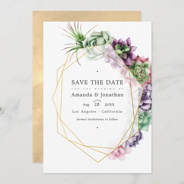 Save The Date Mariage de jardin Herbier de succulentes géométriq (Devant / Derrière)