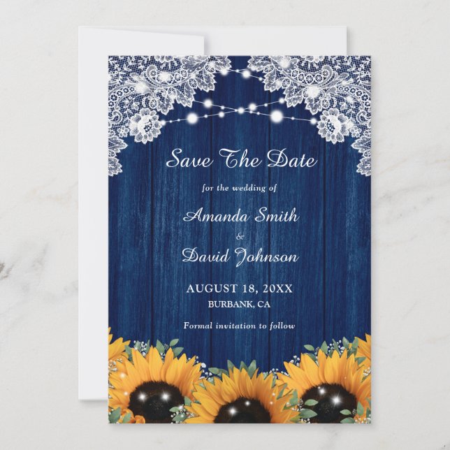 Save The Date Mariage de la marine Blue Sunflower Eucalyptus (Devant)