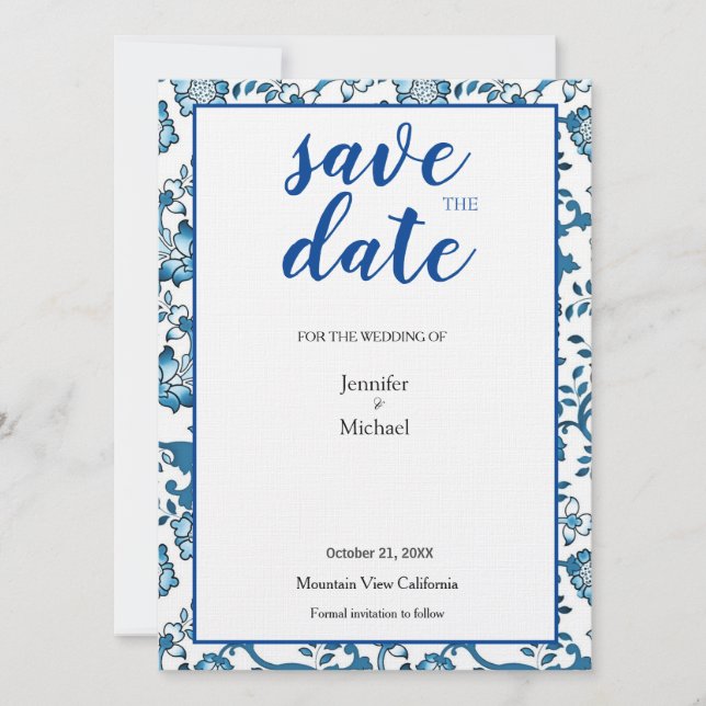 Save The Date Mariage de lin Floral Bleu Blanc Date de sauvegard (Devant)