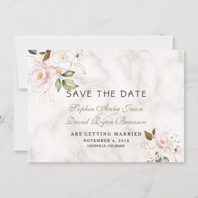 Save The Date Mariage de marbre floral rose blush or (Devant)