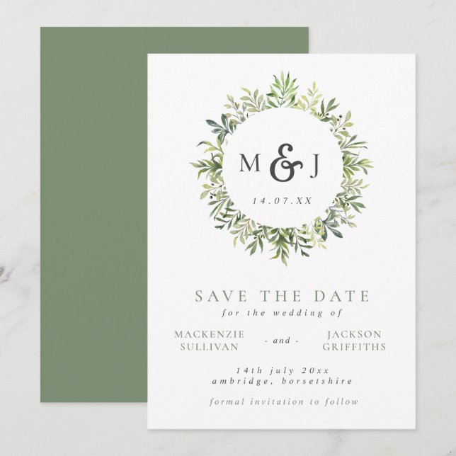 Save The Date Mariage de monogramme de couronne vert moderne (Devant / Derrière)