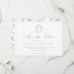 Save The Date Mariage de monogramme de crête bleu poussiéreux