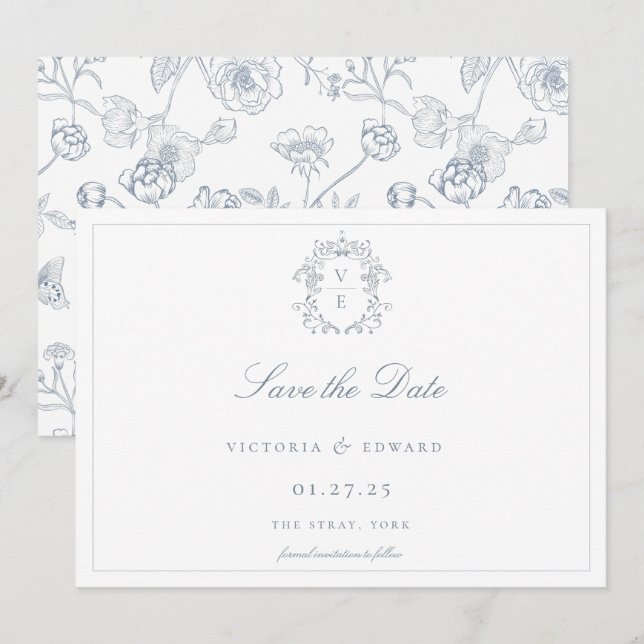 Save The Date Mariage de monogramme de crête bleu poussiéreux (Devant / Derrière)