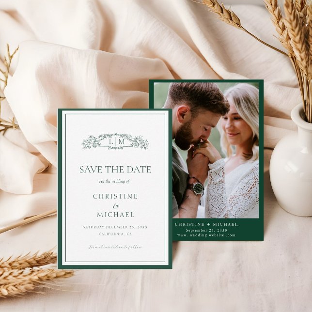 Save The Date Mariage de monogramme de crête botanique Emerald G (Créateur téléchargé)