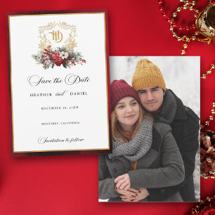 Save The Date Mariage de monogramme de crête florale de Noël cla