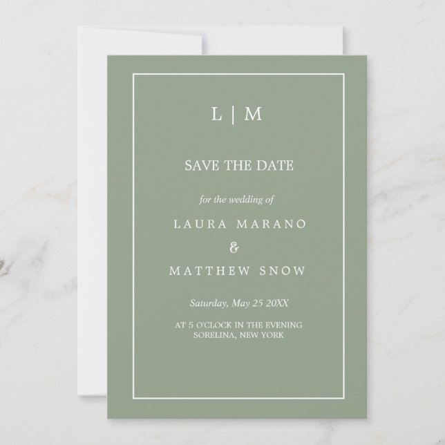 Save The Date Mariage de monogramme formel simple Sage Green (Devant)