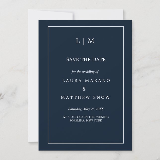 Save The Date Mariage de monogramme officiel bleu marine simple (Devant)