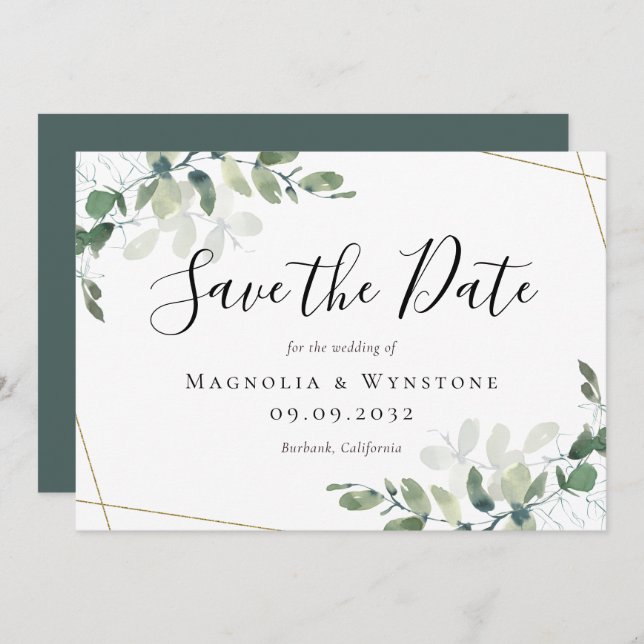 Save The Date Mariage de Parties scintillant or Eucalyptus Water (Devant / Derrière)