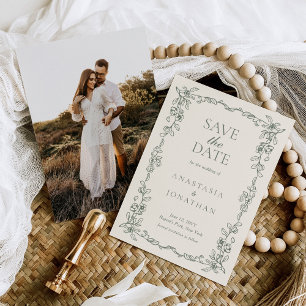 Save The Date Mariage de photos victorien vintage Sage Green