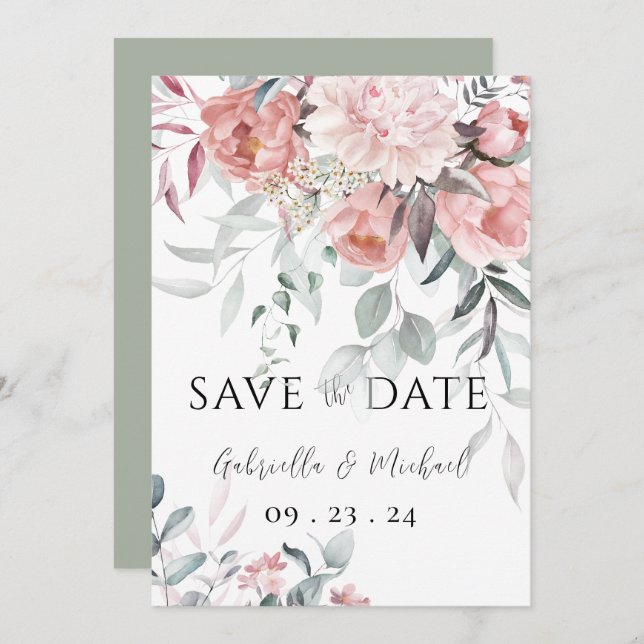 Save The Date Mariage de pivoine de verdure à l'aquarelle rose (Devant / Derrière)