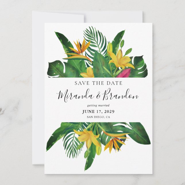 Save The Date Mariage de plage à cadre blanc Feuille tropical (Devant)