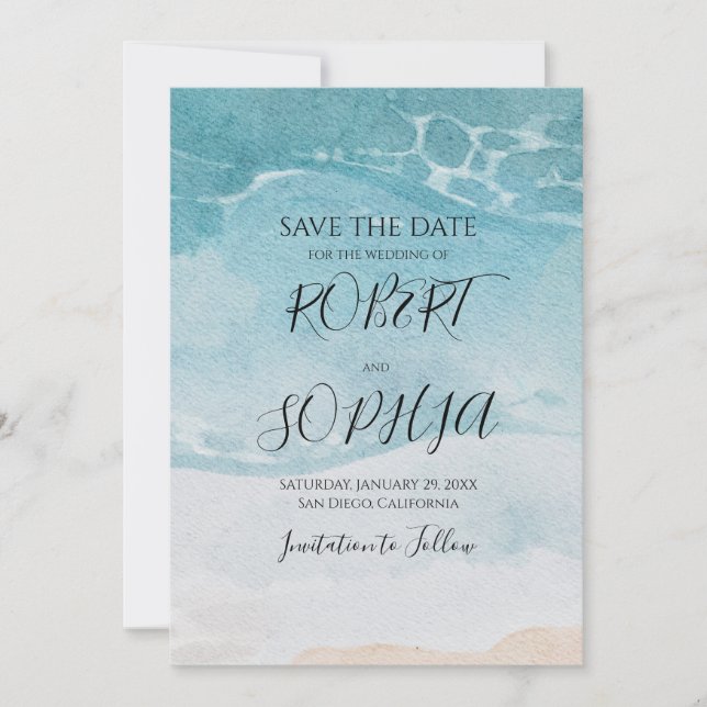 Save The Date Mariage de plage bleu estival (Devant)