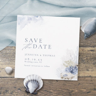 Save The Date Mariage de plage corail aquarelle bleue et coquill