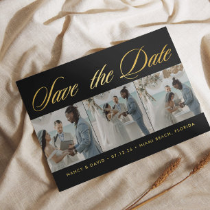 Save The Date Mariage de plage en collage photo noir et or