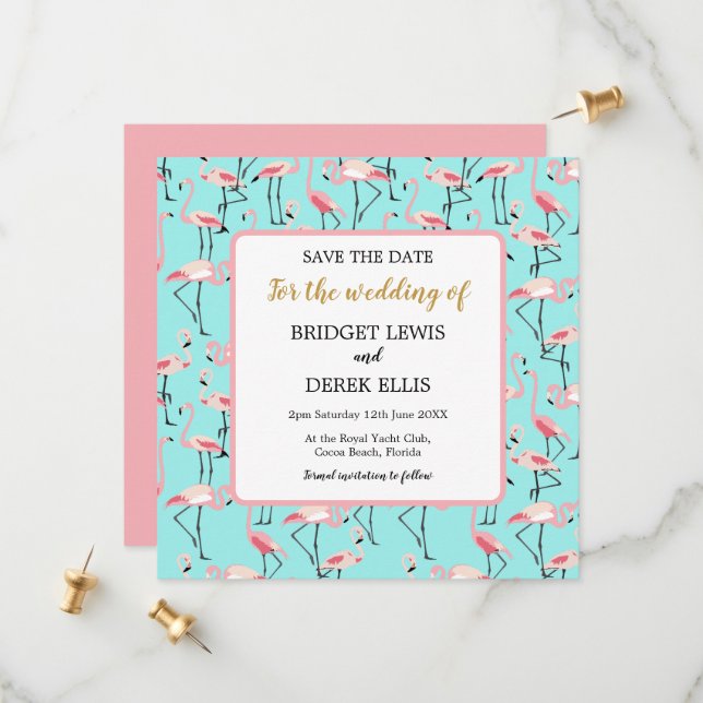 Save The Date Mariage de plage moderne Flamant rose bleu rose (Devant/Arrière en situation)