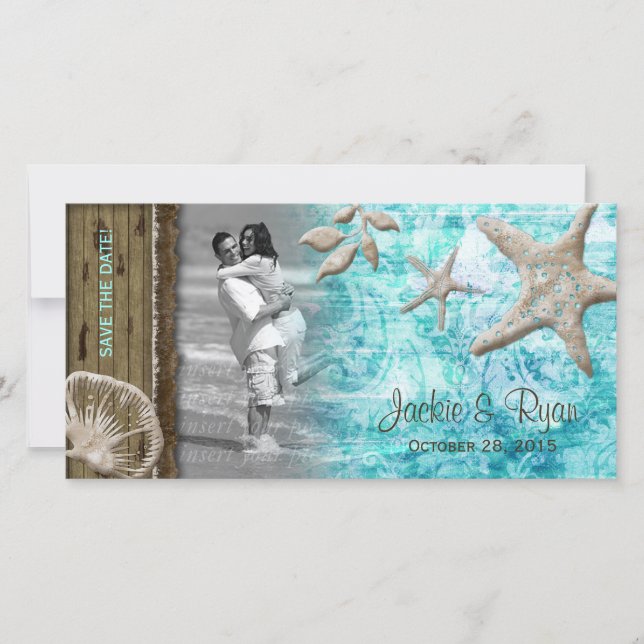 Save The Date Mariage de plage Photocard Coquillage bleu Bois (Devant)