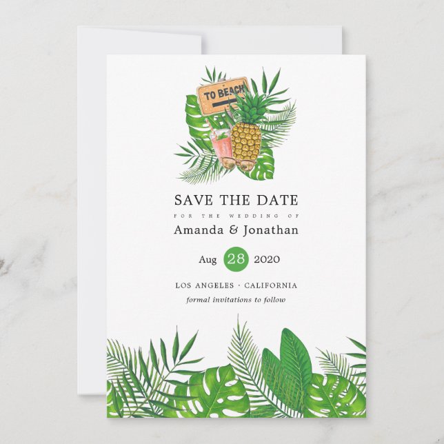 Save The Date Mariage de plage tropical d'été à l'aquarelle (Devant)