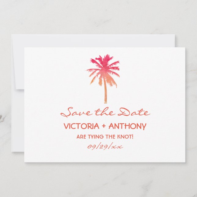 Save The Date Mariage de plage Tropical Sunset Palm Tree Beach (Devant)