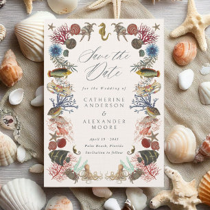 Save The Date Mariage de plage vintage océan corail poissons nau