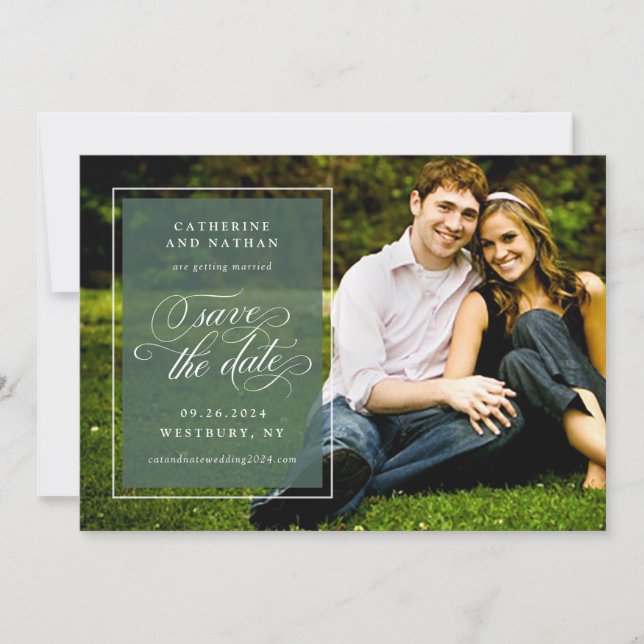 Save The Date Mariage de script classique blanc et vert élégant (Devant)