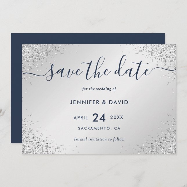 Save The Date Mariage de script de Parties scintillant bleu mari (Devant / Derrière)