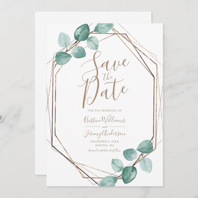 Save The Date Mariage de script en cuivre de l'Eucalyptus modern (Devant / Derrière)