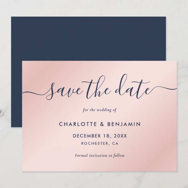Save The Date Mariage de script moderne bleu et bleu marine (Devant / Derrière)