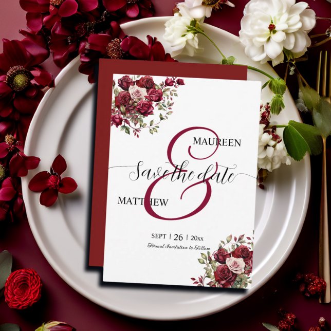 Save The Date Mariage de script moderne floral de Bourgogne (Créateur téléchargé)