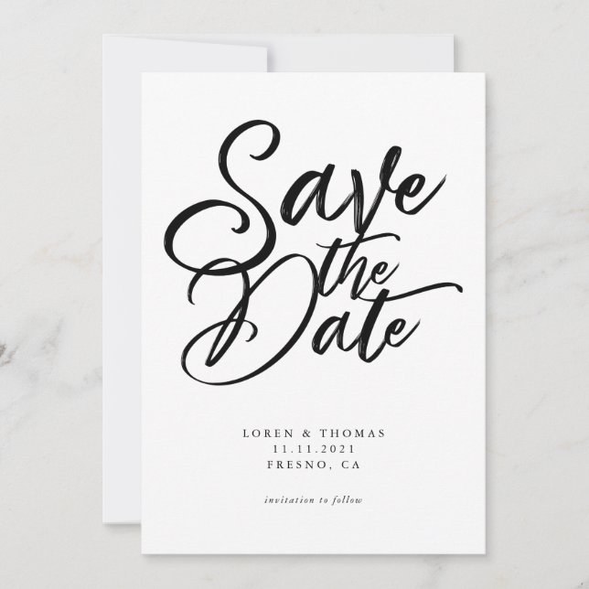 Save The Date Mariage de script noir et blanc moderne (Devant)